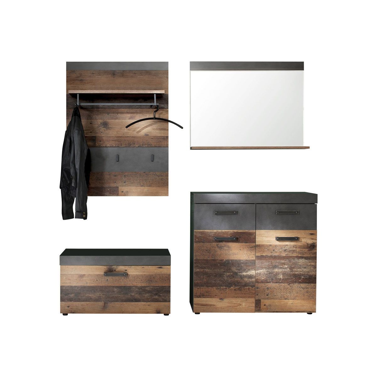 trendteam Indy Garderoben-Set 4-teilig Old Wood / Graphit Grau