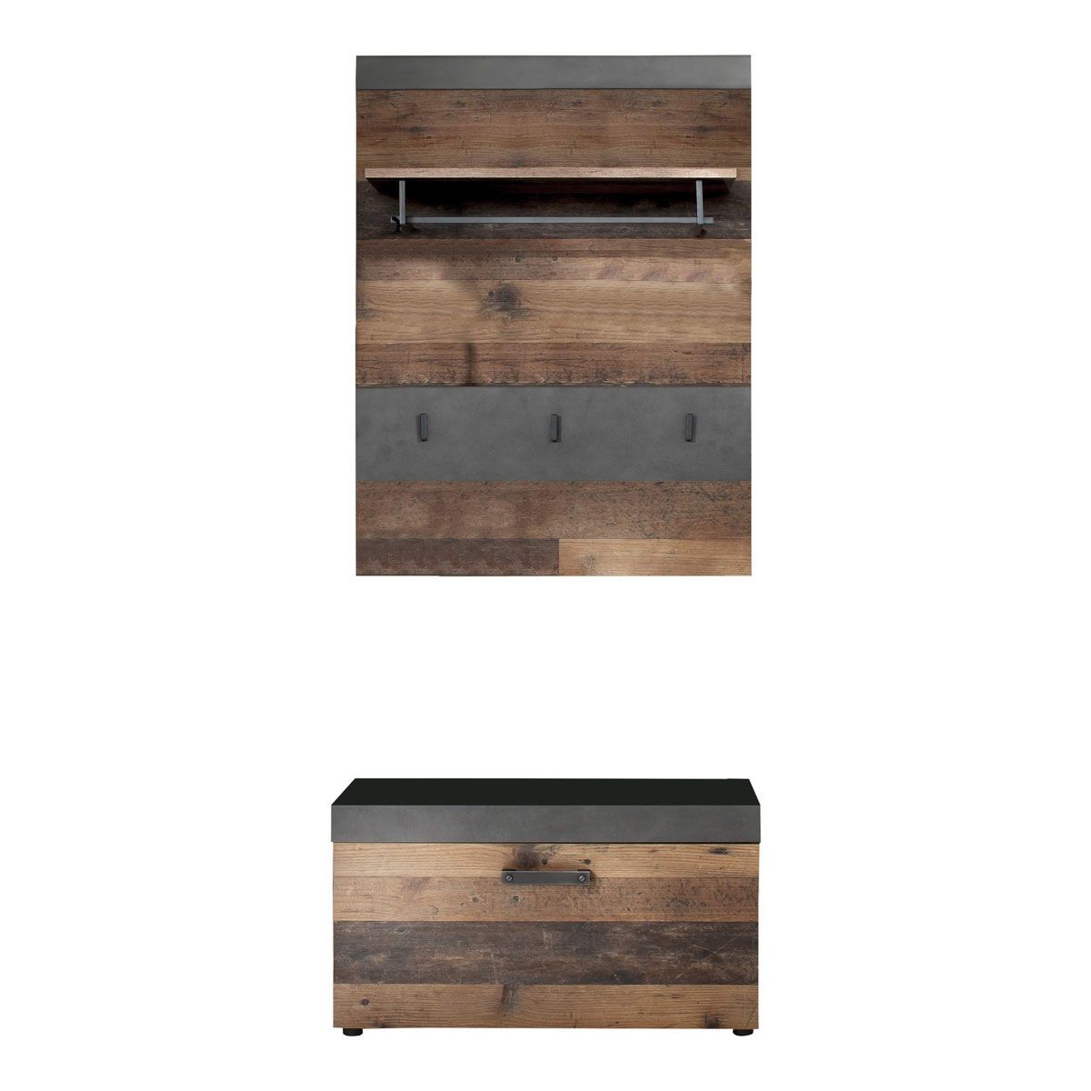 trendteam Indy Garderoben-Set 2-teilig Old Wood / Graphit Grau | Paneel, Sitzbank