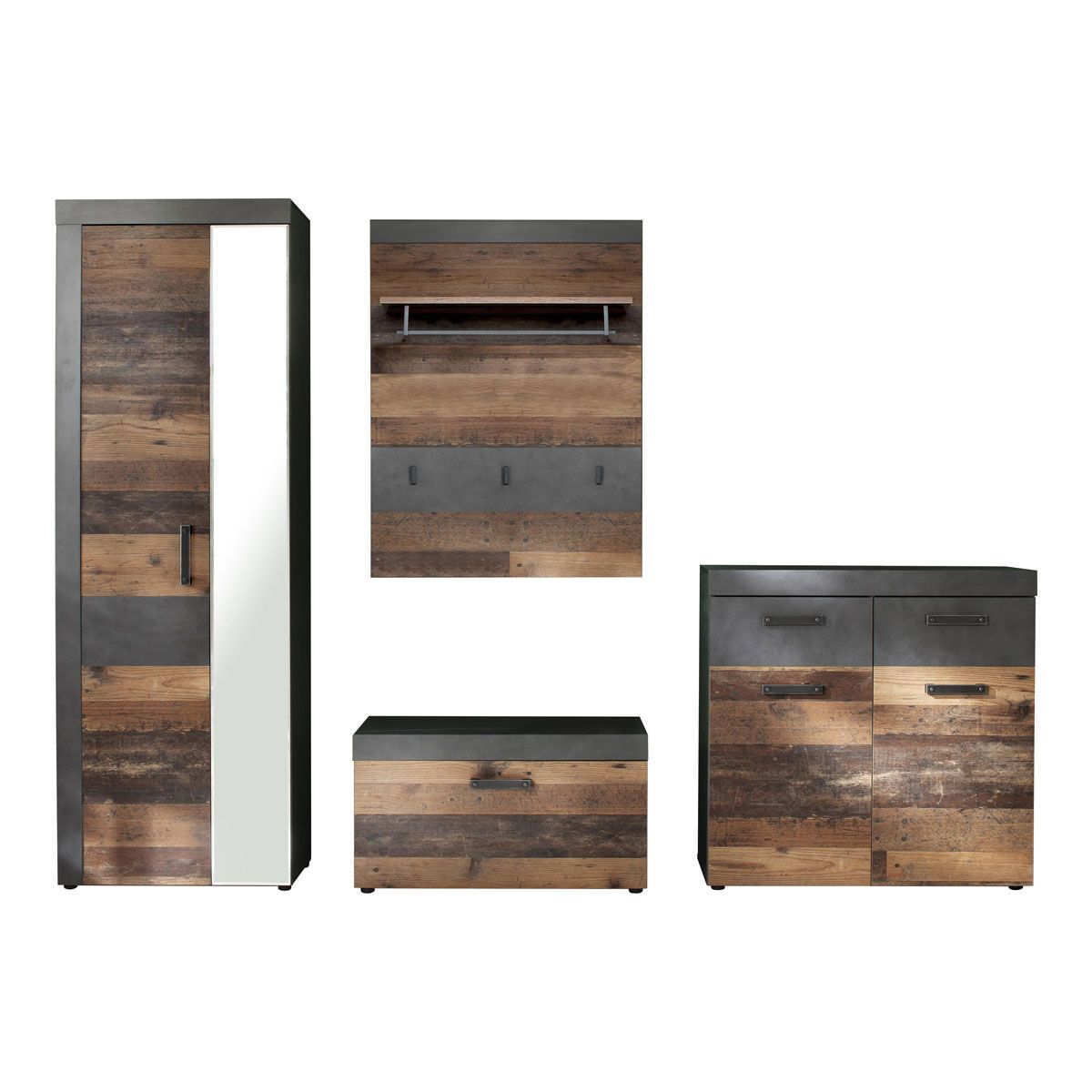trendteam Indy Garderoben-Set 4-teilig Old Wood / Graphit Grau | Schränke, Paneel, Bank