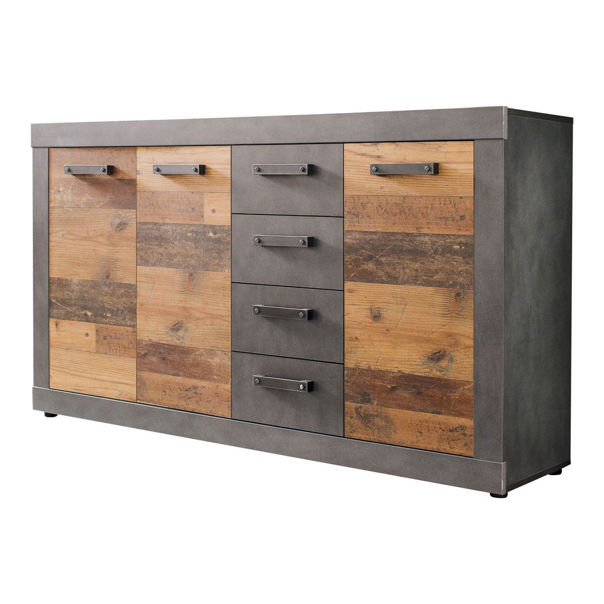 trendteam Indy Kommode 3 Schubkästen, 4 Türen Old Wood / Graphit Grau