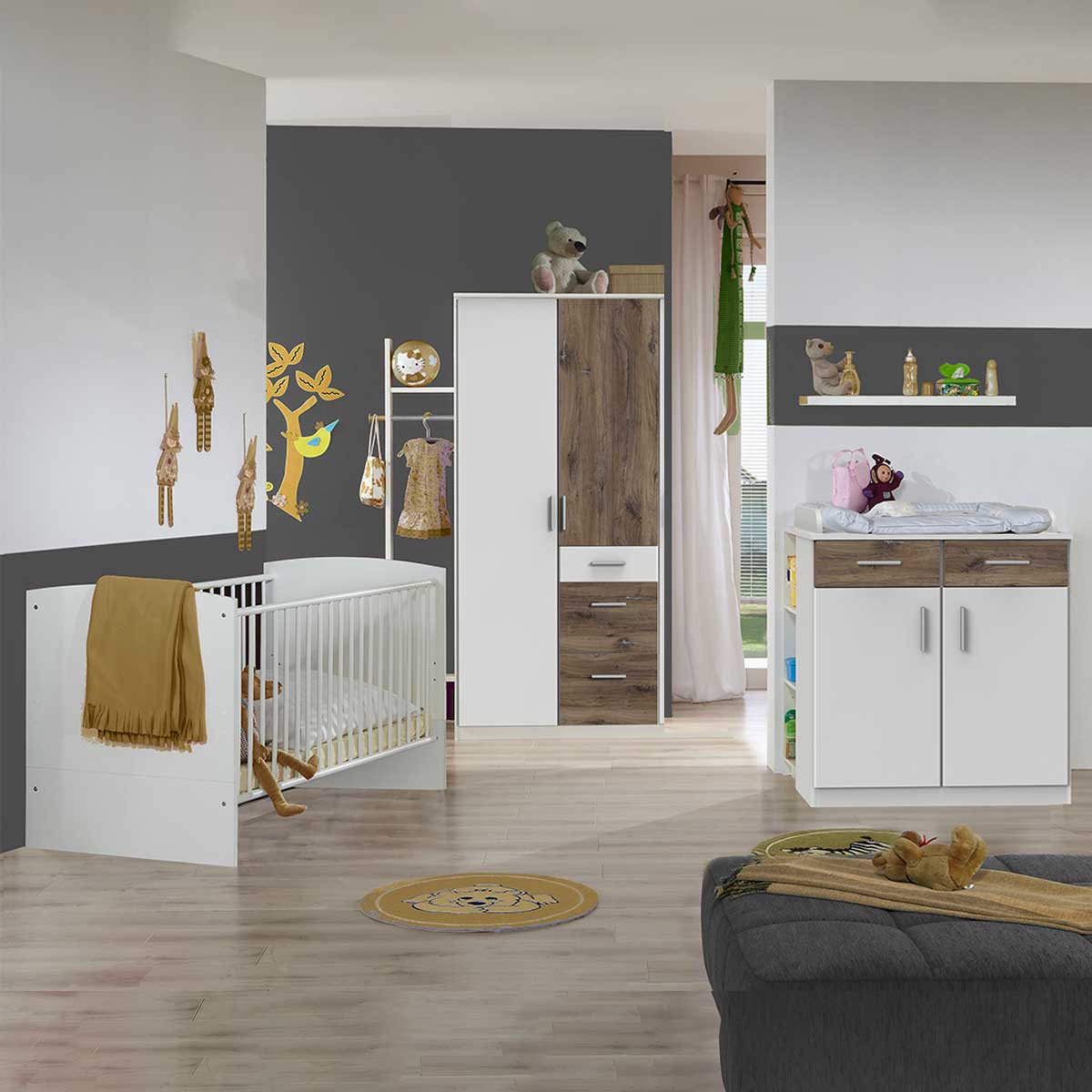 Wimex Joker Babyzimmer 3-teilig Weiß/Flagstaff-Eiche Dekor Kleiderschrank 91 cm