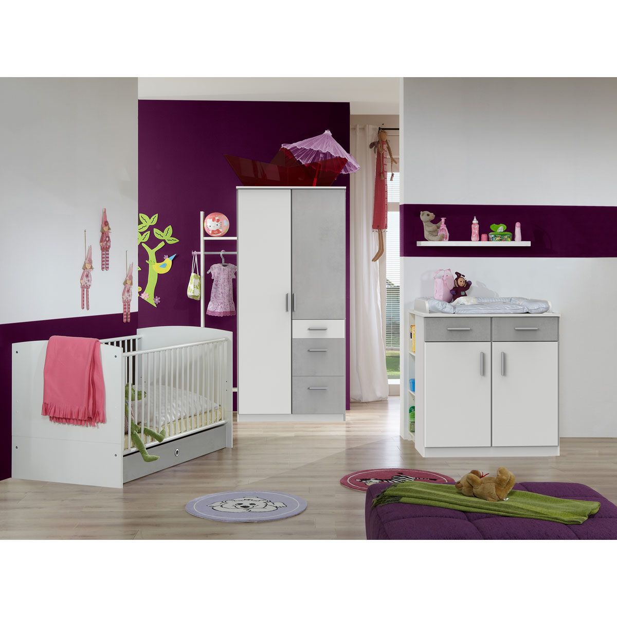 Wimex Joker Babyzimmer 3-teilig Schrank 2-türig Weiß / Beton-Nachbildung lichtgrau