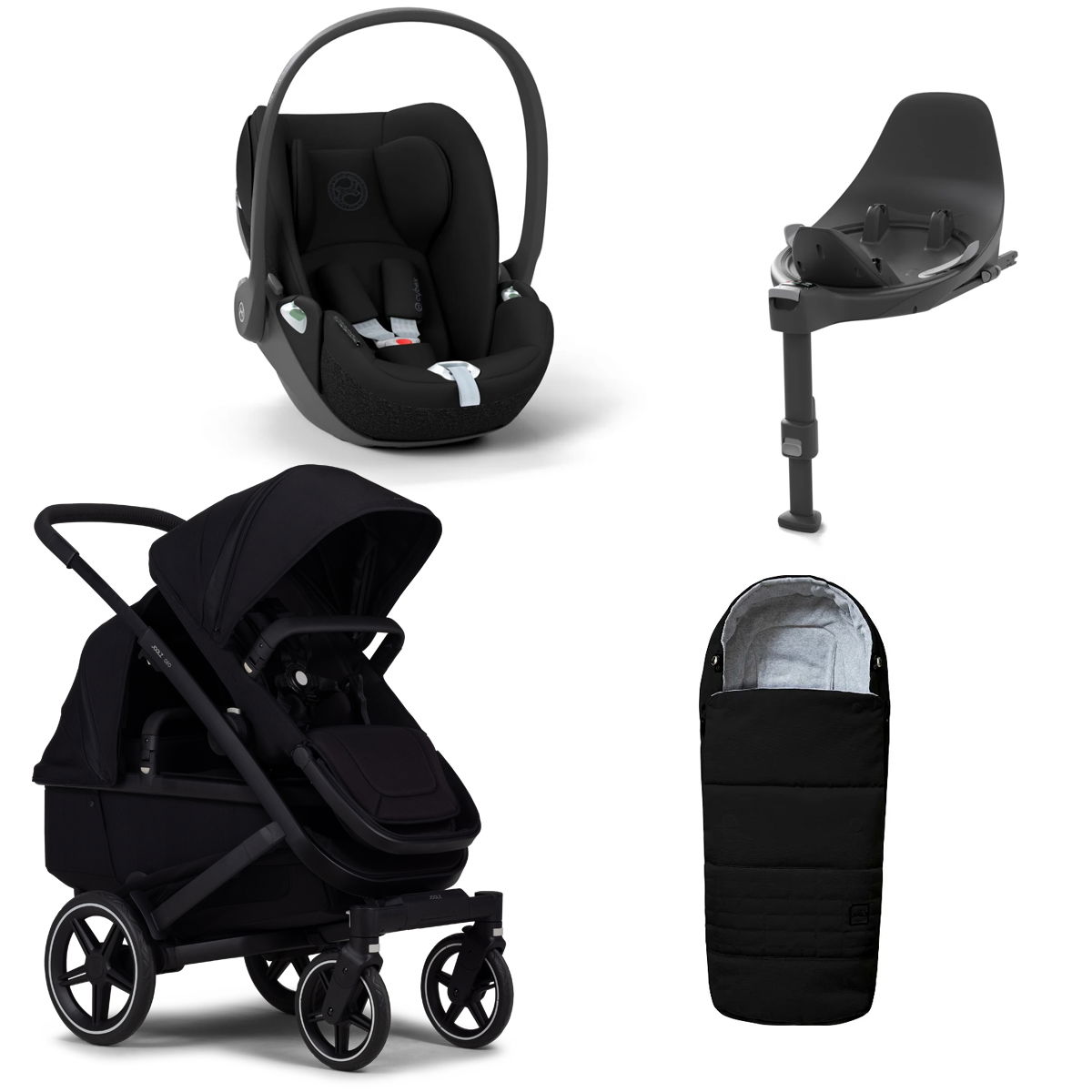Joolz Geo 3 Twin Brilliant black Bundle + Cloud T i-Size, Base T & Fußsack