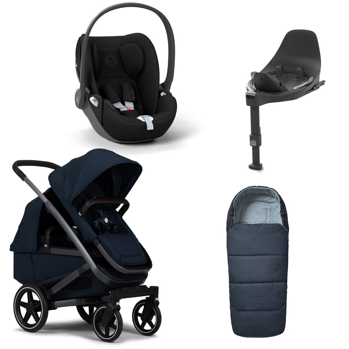 Joolz Geo 3 Twin Navy blue Bundle + Cloud T i-Size, Base T & Fußsack