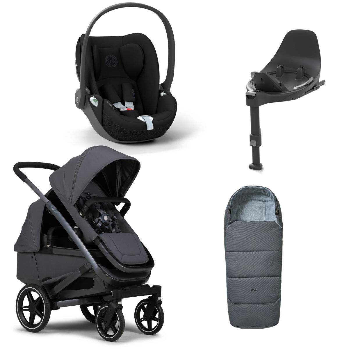 Joolz Geo 3 Twin Pure grey Bundle + Cloud T i-Size, Base T & Fußsack