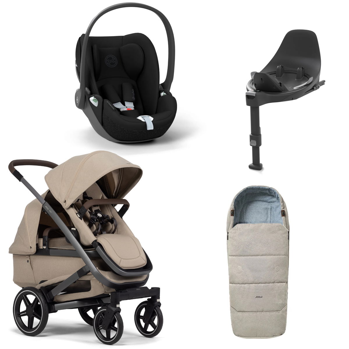 Joolz Geo 3 Twin Timeless taupe Bundle + Cloud T i-Size, Base T & Fußsack