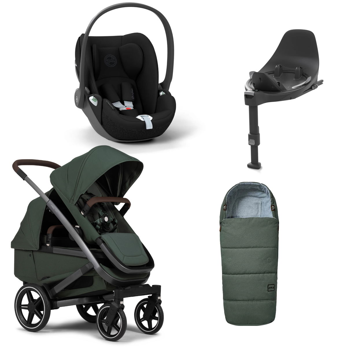 Joolz Geo 3 Twin Urban green Bundle + Cloud T i-Size, Base T & Fußsack