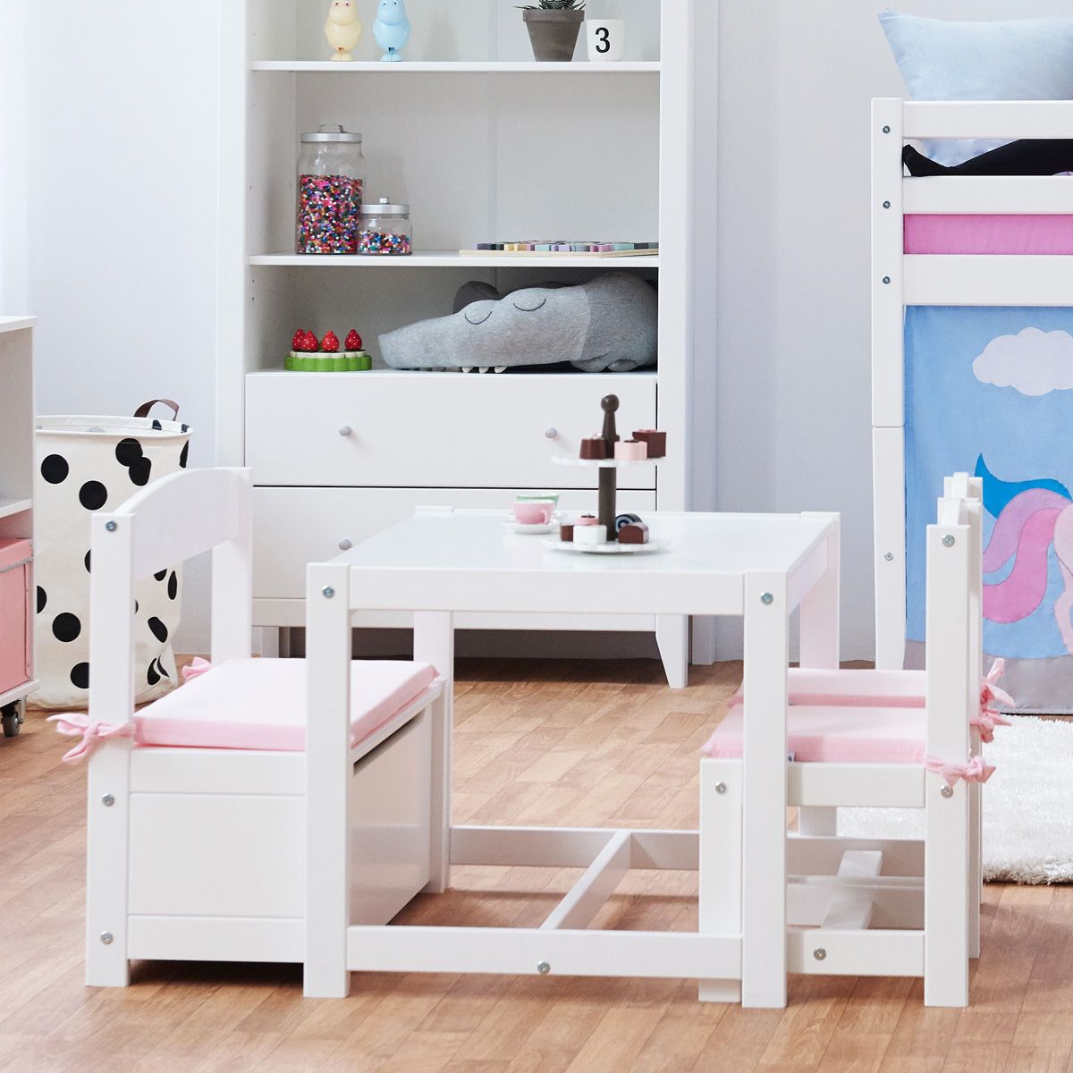 Hoppekids Kinderset Mathilde weiß 2 Stühle, 1 Tisch, 1 Bank