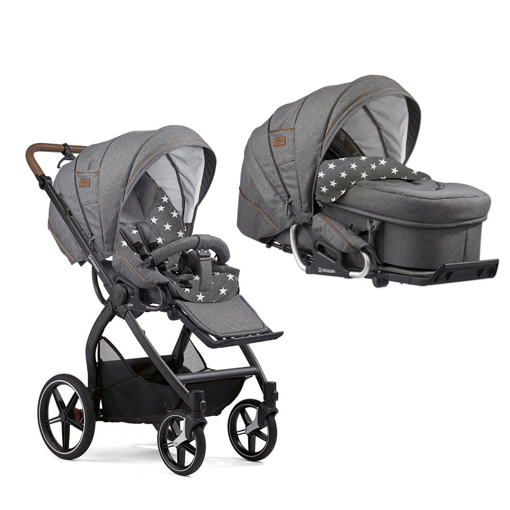 Gesslein FX4 Classic Kinderwagen mit Handbremse Gestell schwarz mit C2-Compact Tragetasche Farbe wählbar