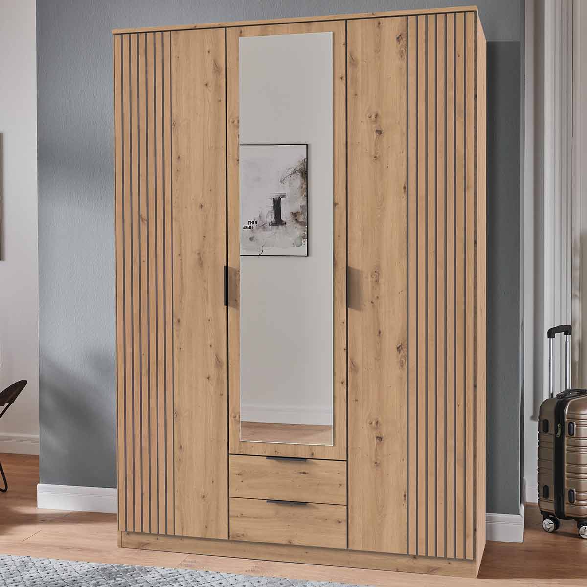 Wimex Lübeck Kleiderschrank mit Kranz 135 cm 1 Spiegel Artisan-Eiche Dekor