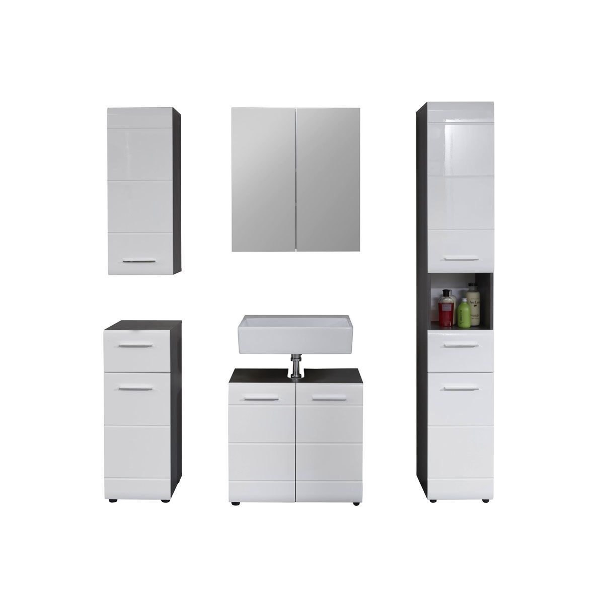 trendteam Line Badmöbel-Set 5-teilig Weiß Hochglanz / Sardegna Rauchsilber
