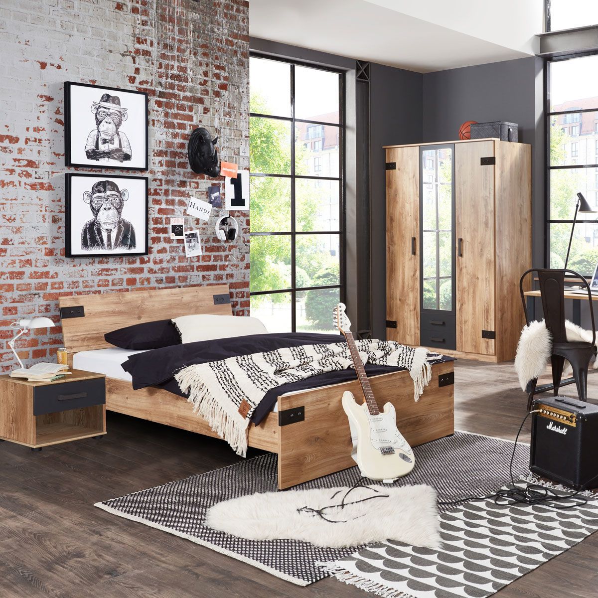 Wimex Liverpool Jugendzimmer 3-teilig Schrank 3-türig Bett 90cm Plankeneiche / Graphit