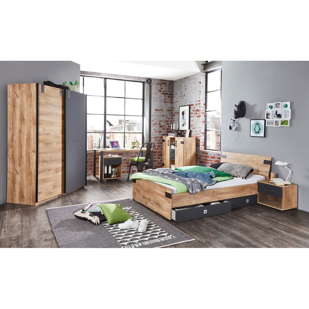 Wimex Liverpool Jugendzimmer 3-teilig Schiebeschr. breit Bett 90cm Plankeneiche/Graphit