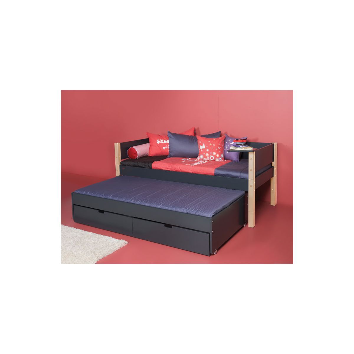 Manis-h Einzelbett LUNA 90x200 cm Pfosten Buche incl. Ausziehbett & Bettkästen - 22 Farben wählbar ( Farbe Bett: Snow White / -11)