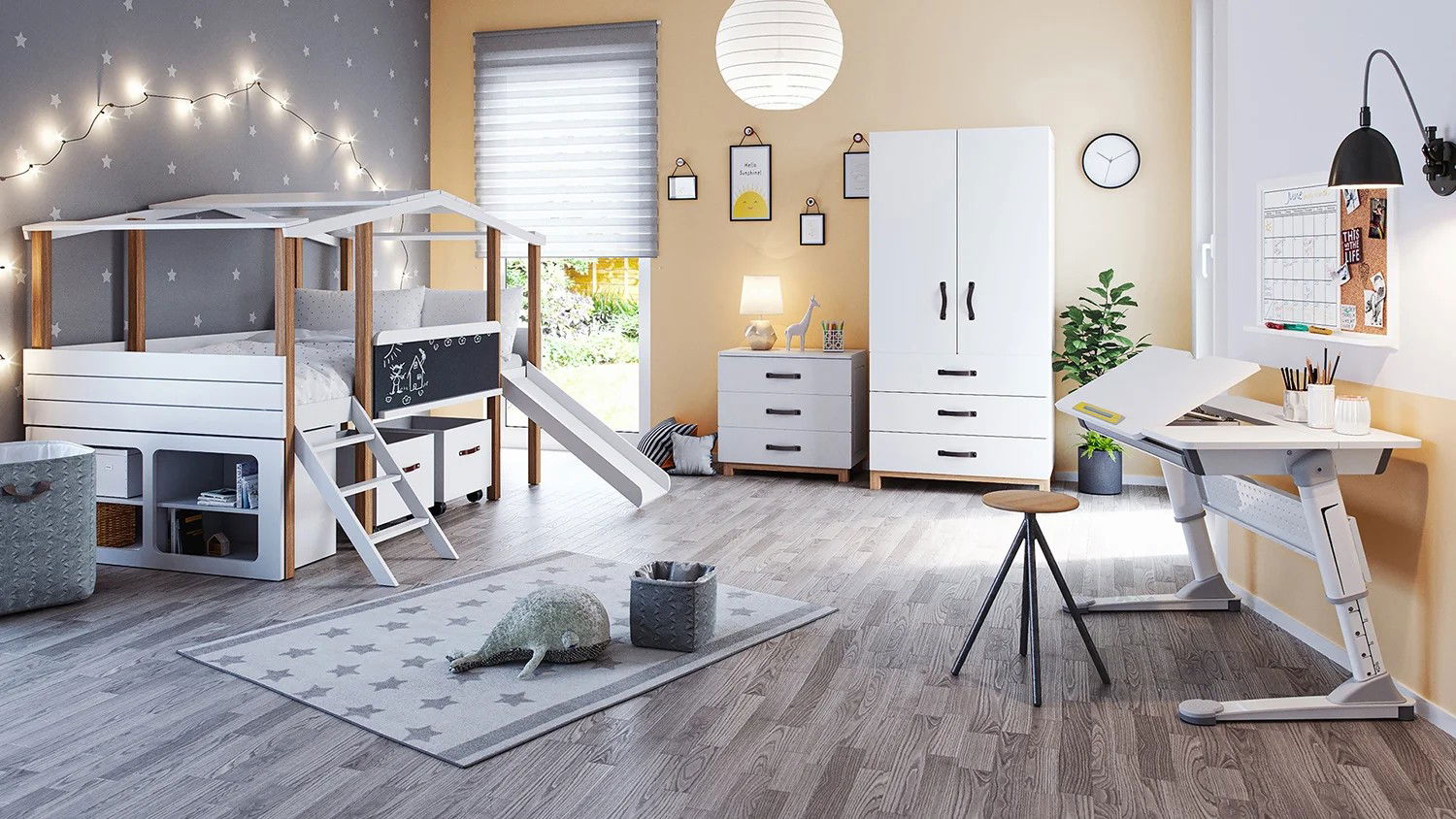 Nature Kid Cory/Terra Kinderzimmer weiß/natur 8-teilig mit Hausbett 90 x 200 cm, Dach & Schreibtisch