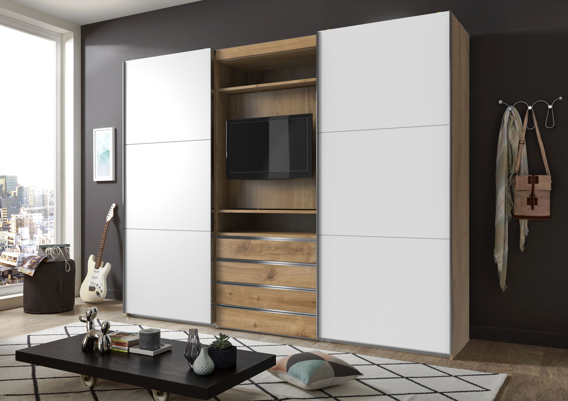 Wimex magic TV Schwebetürenschrank 236 cm Plankeneiche-Nachbildung/Weiß