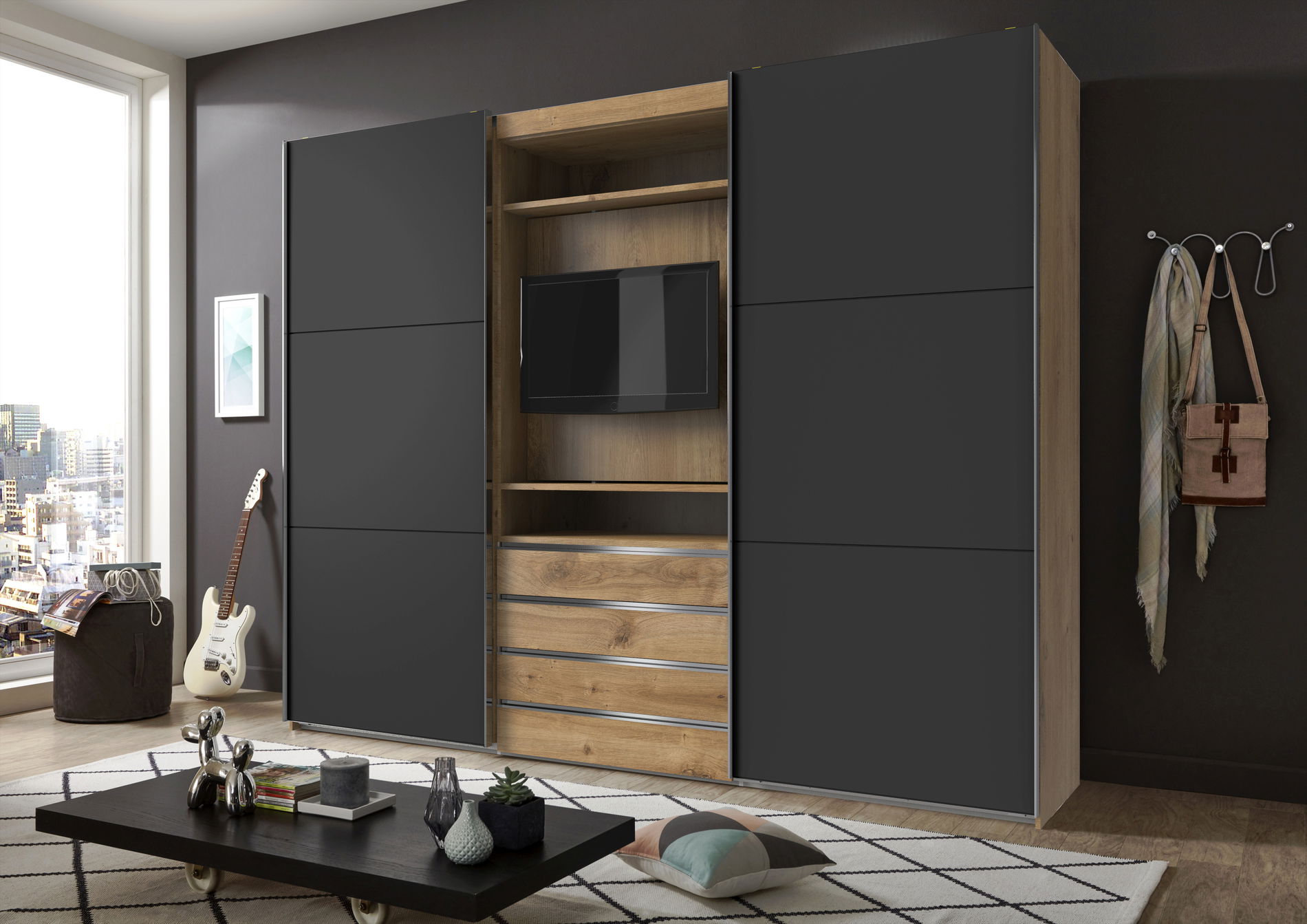 Wimex magic TV Schwebetürenschrank 236 cm Plankeneiche-Nachbildung/Grafit