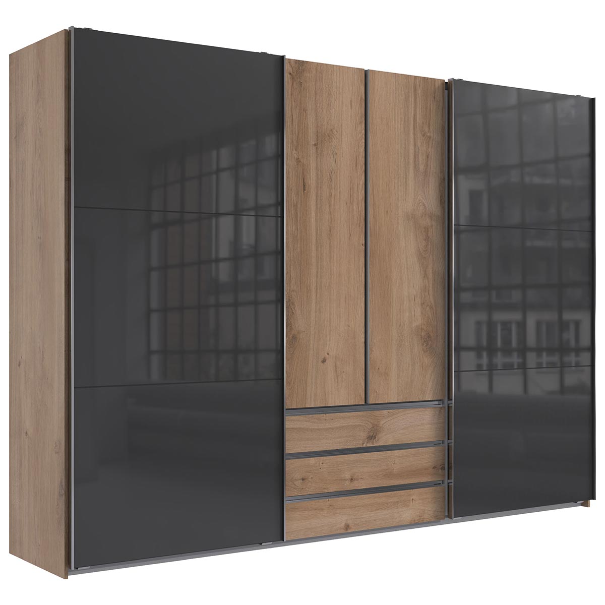 Wimex magicGlas Schwebetürenschrank 300x216 cm Plankeneiche Dekor/Glas Grey