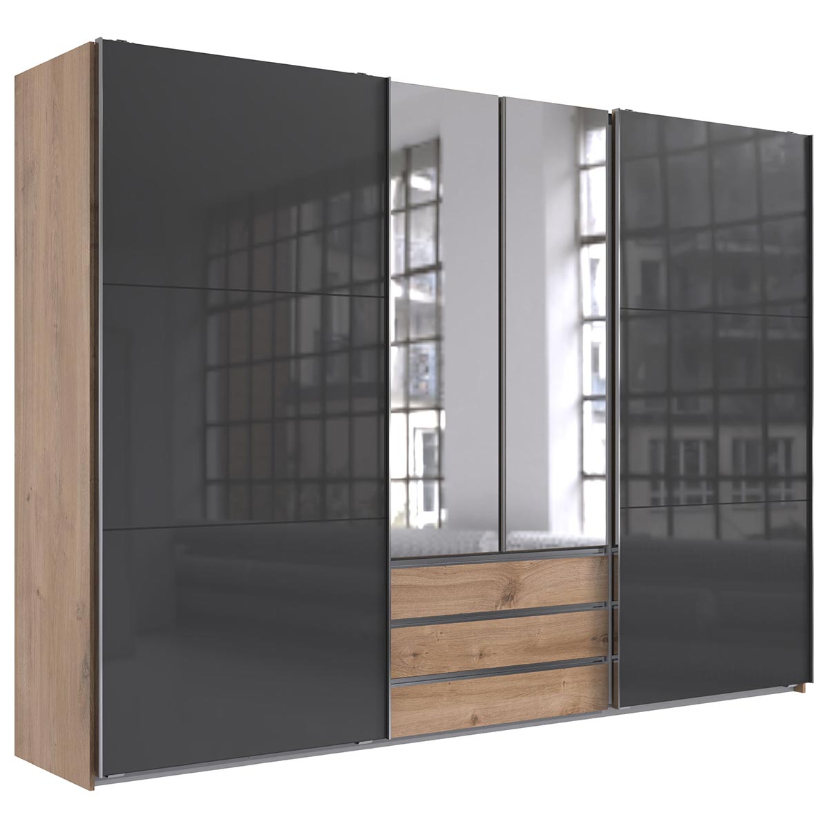 Wimex magicGlas Schwebetürenschrank 300x216 cm 2 Spiegel Plankeneiche Dekor/Glas Grey