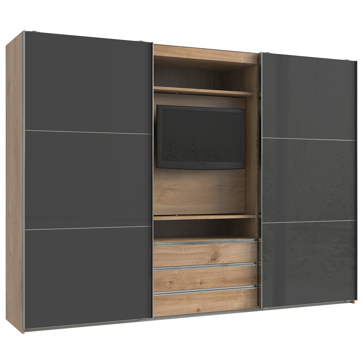 Wimex magicGlas TV Schwebetürenschrank 300x216 cm Plankeneiche Dekor/Glas Grey