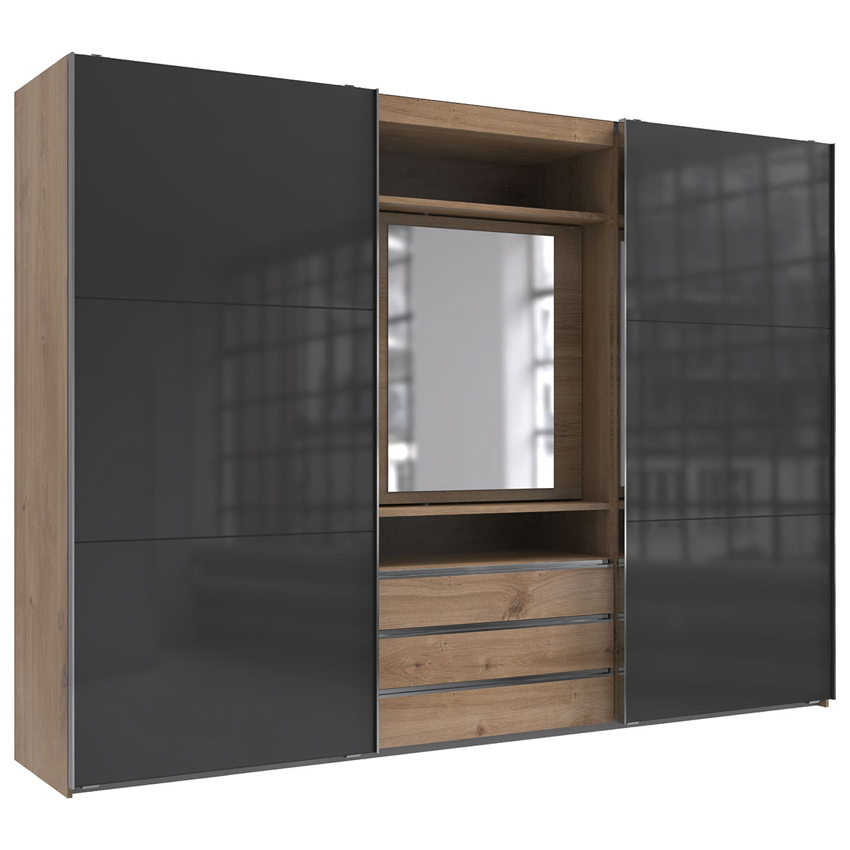 Wimex magicGlas Schwebetürenschrank 300x216 cm mit Spiegel-Element Plankeneiche Dekor/Glas Grey
