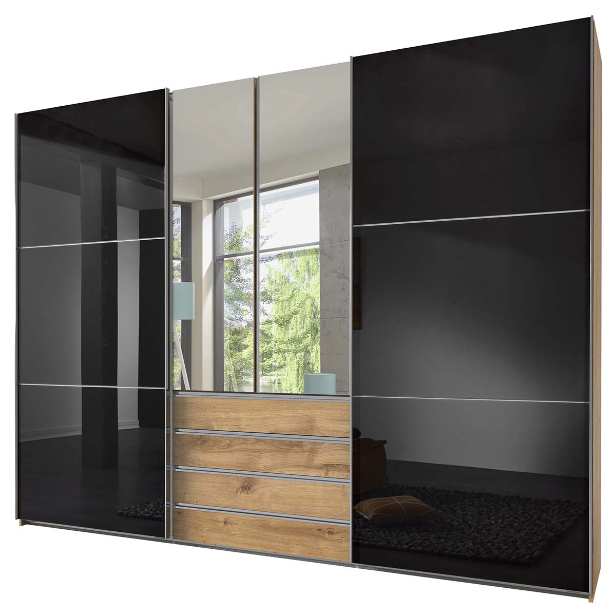 Wimex magicGlas Schwebetürenschrank 300x236 cm 2 Spiegel Plankeneiche Dekor/Glas Grey