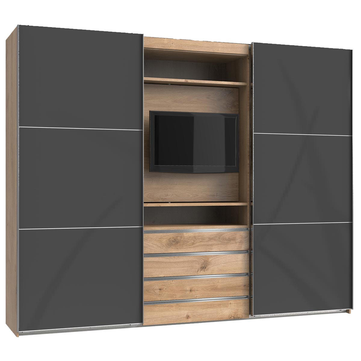 Wimex magicGlas TV Schwebetürenschrank 300x236 cm Plankeneiche Dekor/Glas Grey