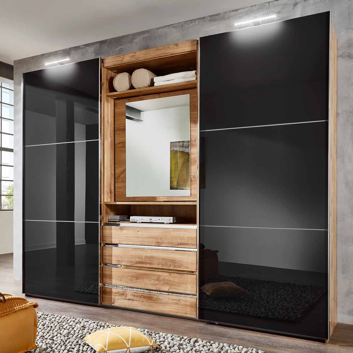 Wimex magicGlas Schwebetürenschrank 300x236 cm Spiegel-Element Plankeneiche Dekor/Glas Grey