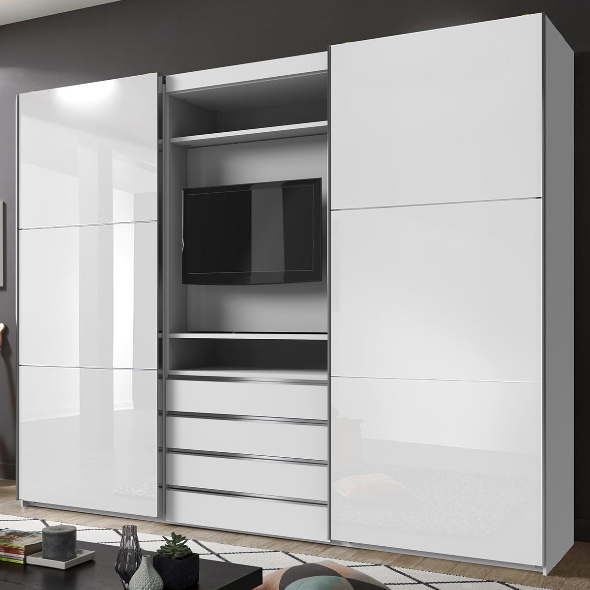 Wimex magicGlas TV Schwebetürenschrank 300x236 cm Weiß