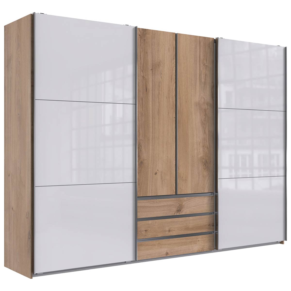 Wimex magicGlas Schwebetürenschrank 300x216 cm Plankeneiche Dekor/Glas Weiß