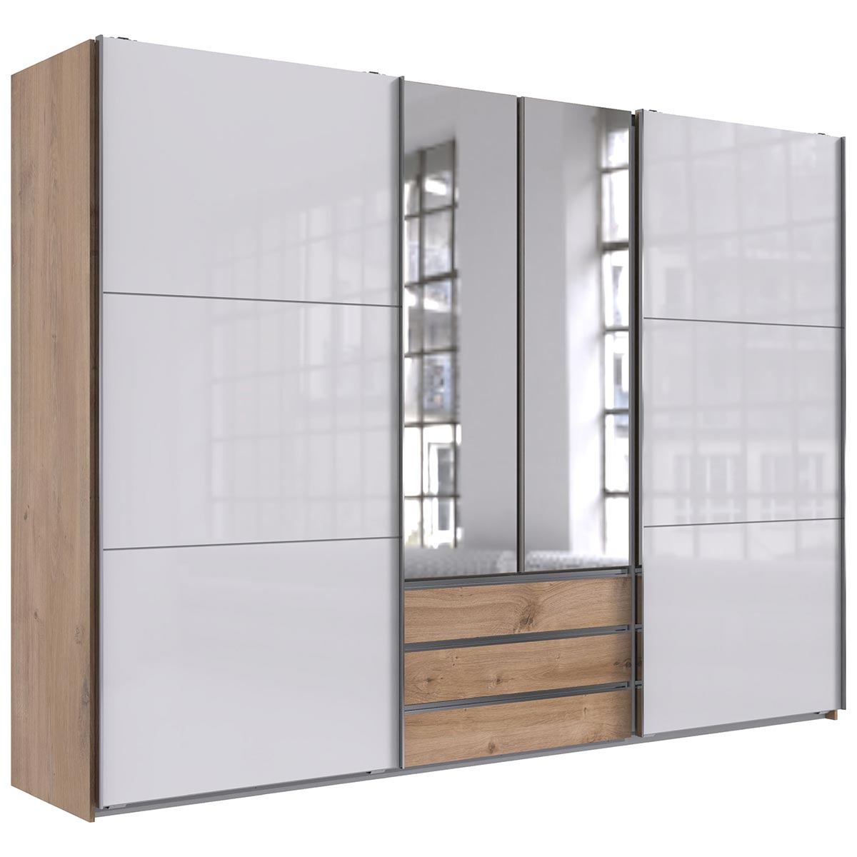 Wimex magicGlas Schwebetürenschrank 300x216 cm 2 Spiegel Plankeneiche Dekor/Glas Weiß