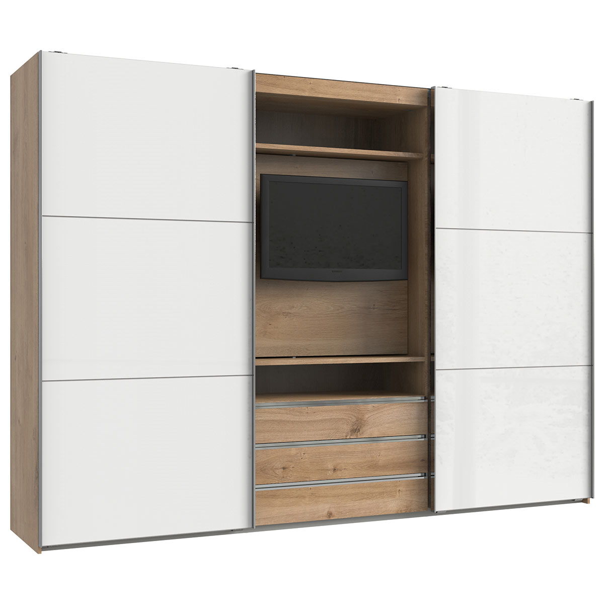 Wimex magicGlas TV Schwebetürenschrank 300x216 cm Plankeneiche Dekor/Glas Weiß