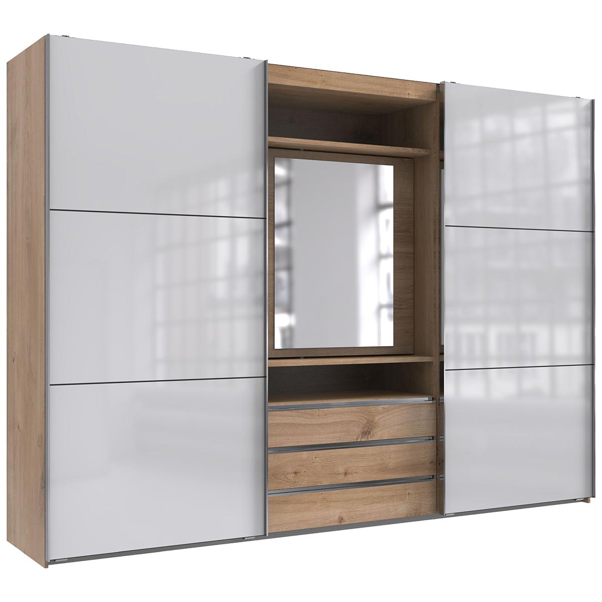 Wimex magicGlas Schwebetürenschrank 300x216 cm Spiegel-Element Plankeneiche Dekor/Glas Weiß