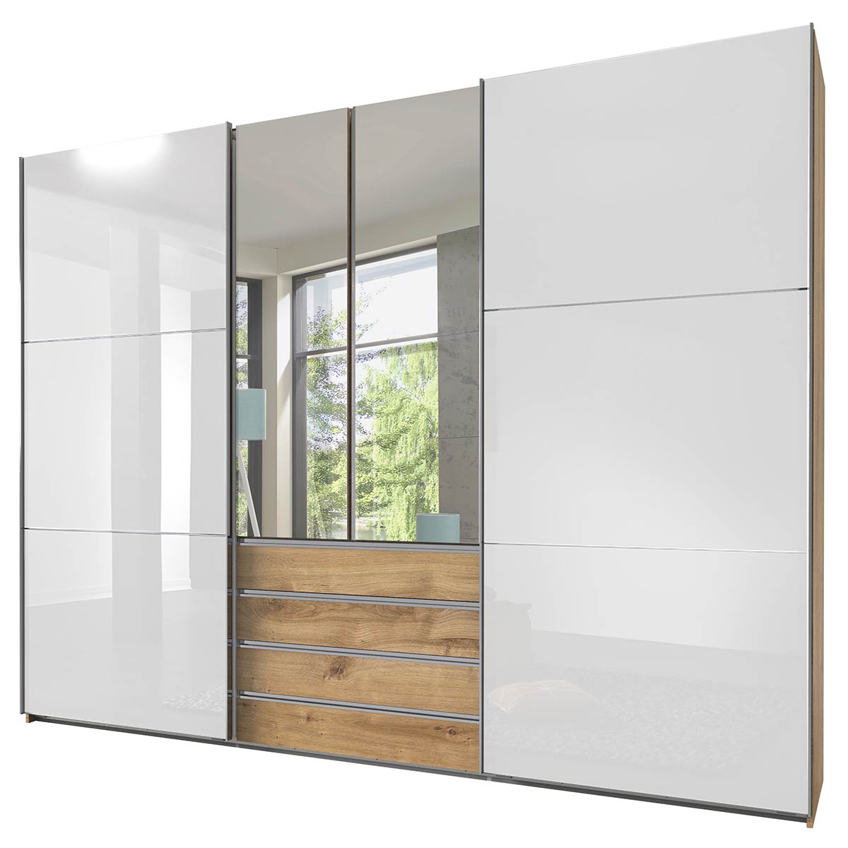 Wimex magicGlas Schwebetürenschrank 300x236 cm 2 Spiegel Plankeneiche Dekor/Glas Weiß