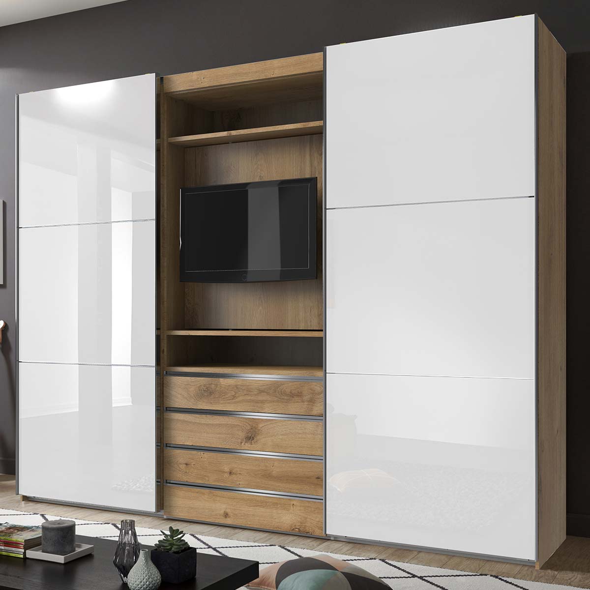 Wimex magicGlas TV Schwebetürenschrank 300x236 cm Plankeneiche Dekor/Glas Weiß