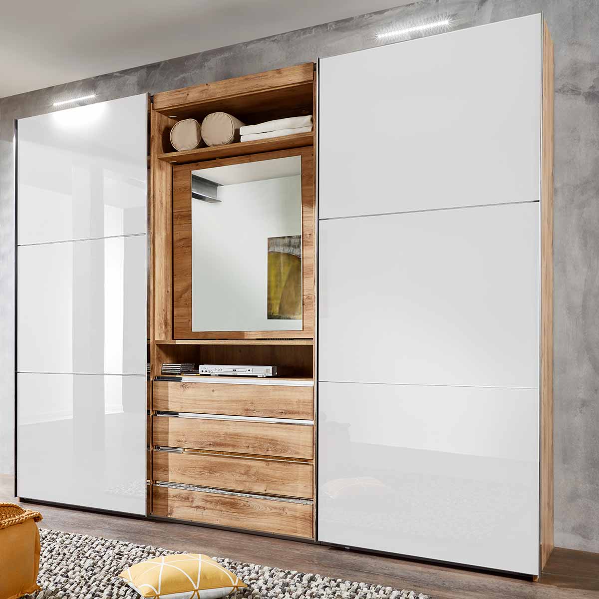 Wimex magicGlas Schwebetürenschrank 300x236 cm Spiegel-Element Plankeneiche Dekor/Glas Weiß