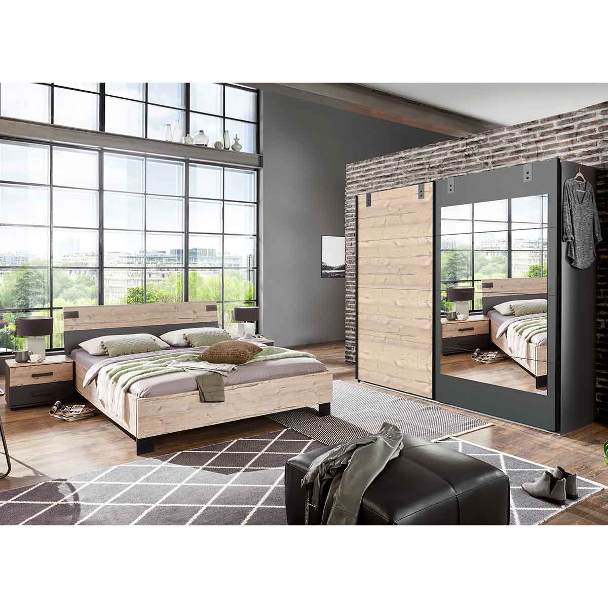 Wimex Malmö Schlafzimmer 9 Silver Fir Dekor/Graphit 4-tlg. Schrank 225 cm