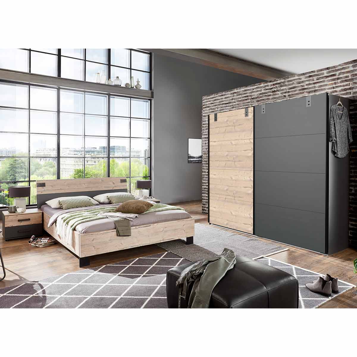 Wimex Malmö Schlafzimmer 6 Silver Fir Dekor/Graphit 4-tlg. Schrank 225 cm