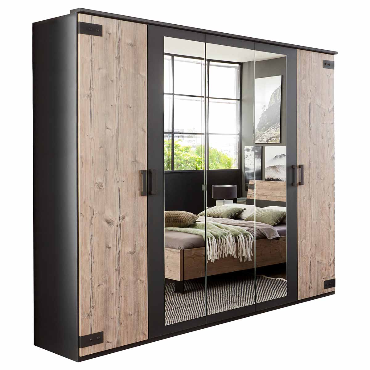Wimex Malmö Kleiderschrank mit Kranz 3 Spiegel Silver Fir Dekor/Graphit