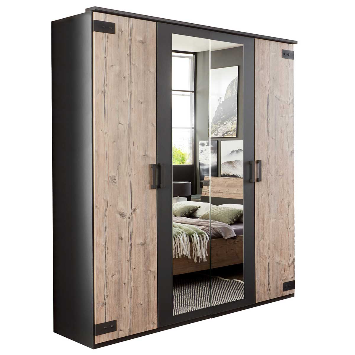 Wimex Malmö Kleiderschrank mit Kranz 2 Spiegel Silver Fir Dekor/Graphit