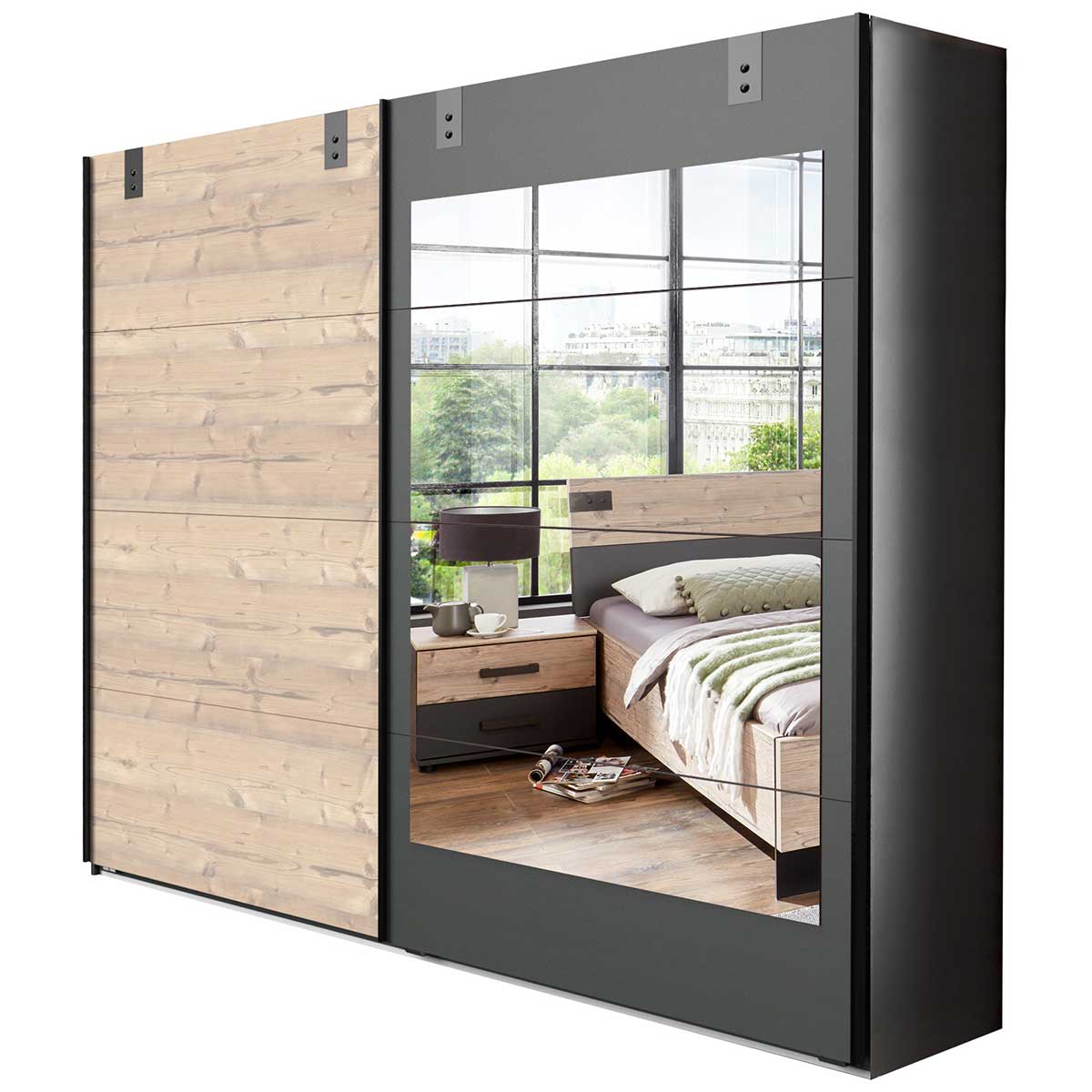 Wimex Malmö Schwebetürenschrank 225 cm 4 Spiegelfelder Silver Fir Dekor/Graphit