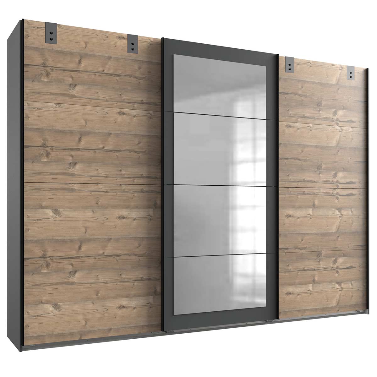 Wimex Malmö Schwebetürenschrank 270 cm 4 Spiegelfelder Silver Fir Dekor/Graphit
