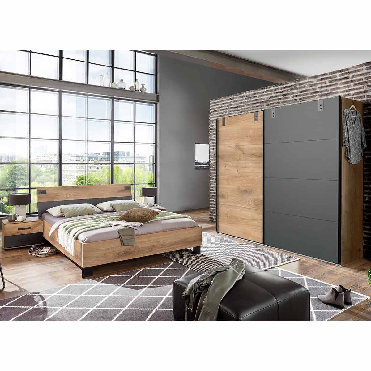 Wimex Malmö Schlafzimmer 5 Plankeneiche Dekor/Graphit 4-tlg. Schrank 225 cm