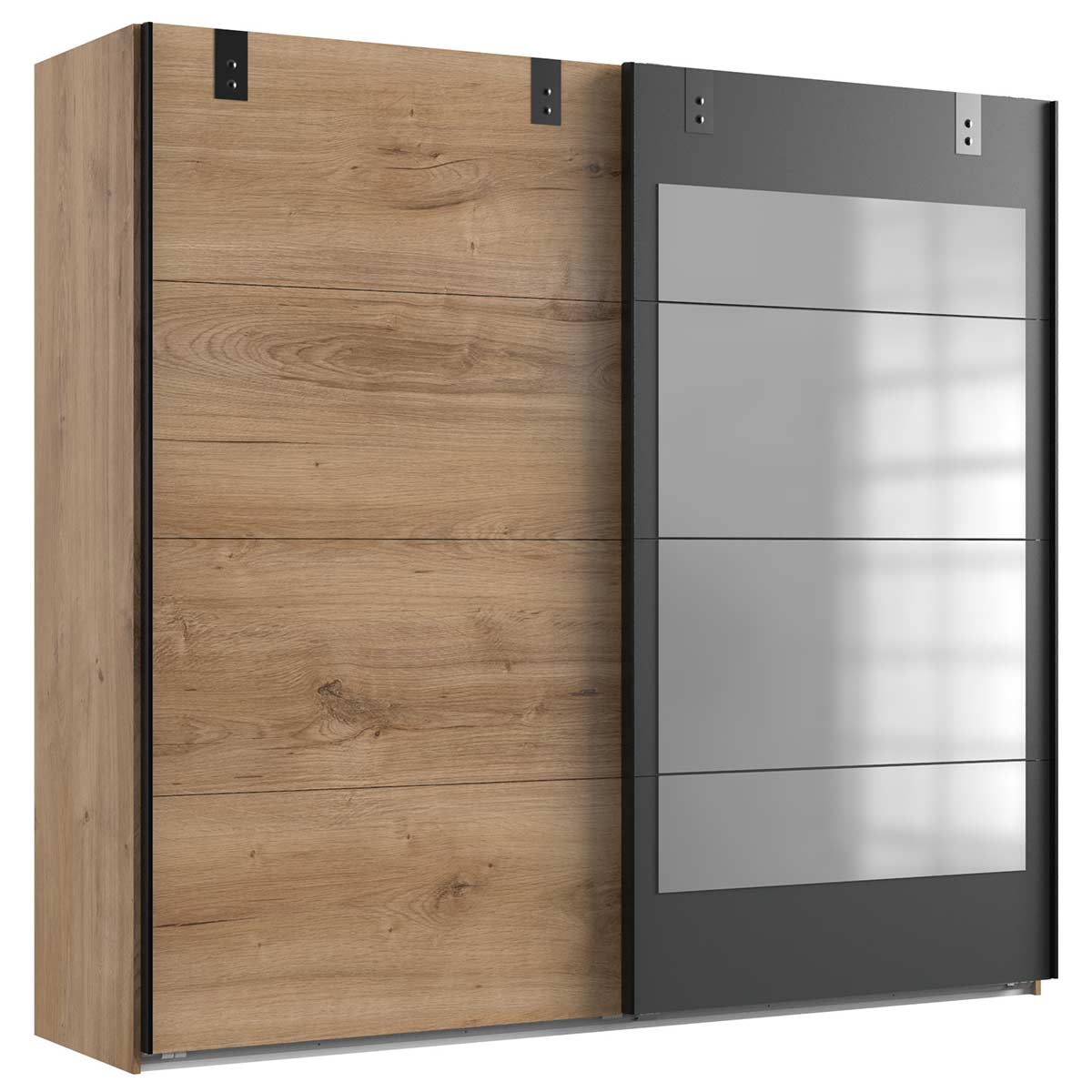 Wimex Malmö Schwebetürenschrank 225 cm 4 Spiegelfelder Plankeneiche Dekor/Graphit