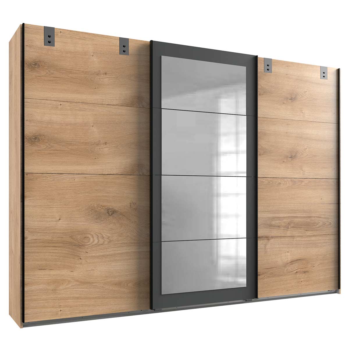 Wimex Malmö Schwebetürenschrank 270 cm 4 Spiegelfelder Plankeneiche Dekor/Graphit