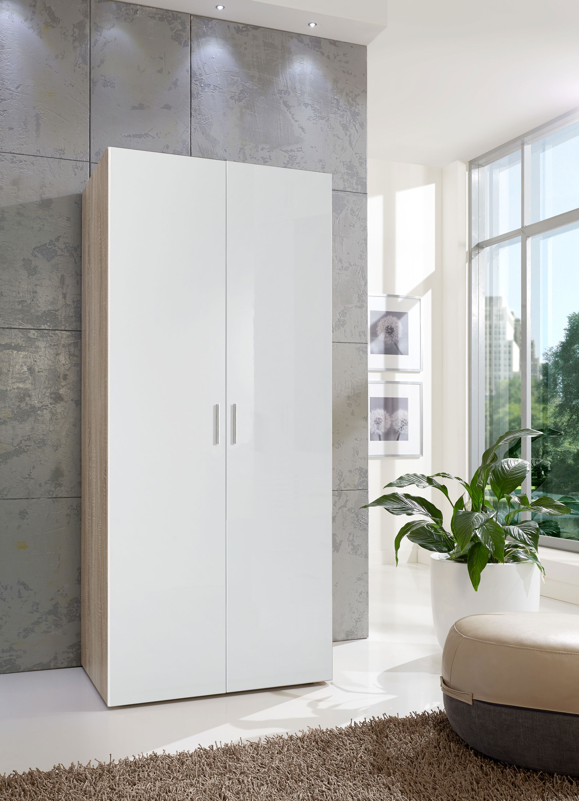 Wimex Malta Schrank 80x40 cm 6 Böden Hochglanz Lack Weiß/Eiche sägerau-Nachbildung