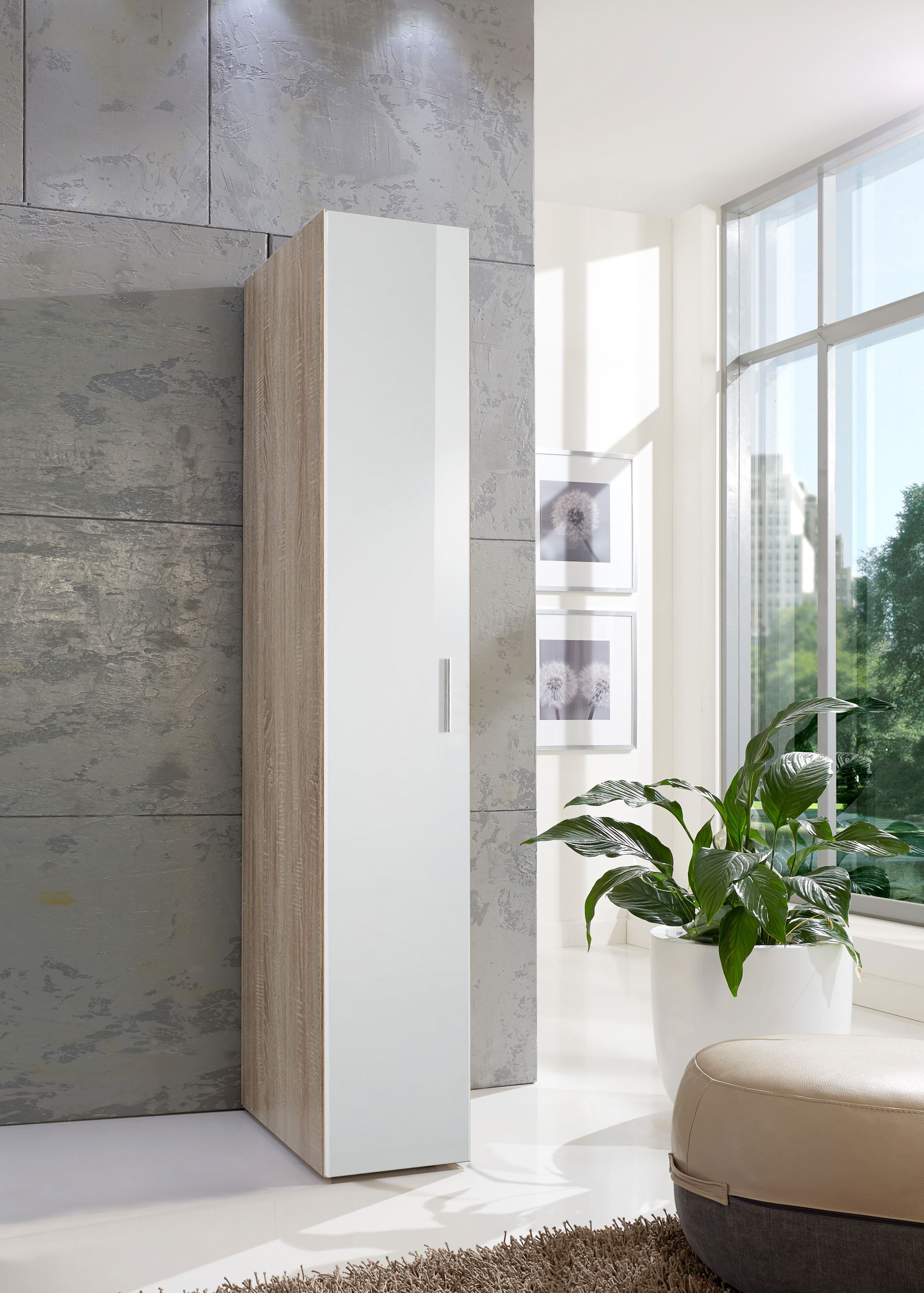 Wimex Malta Schrank 30x54 cm Hochglanz Lack Weiß/Eiche sägerau-Nachbildung