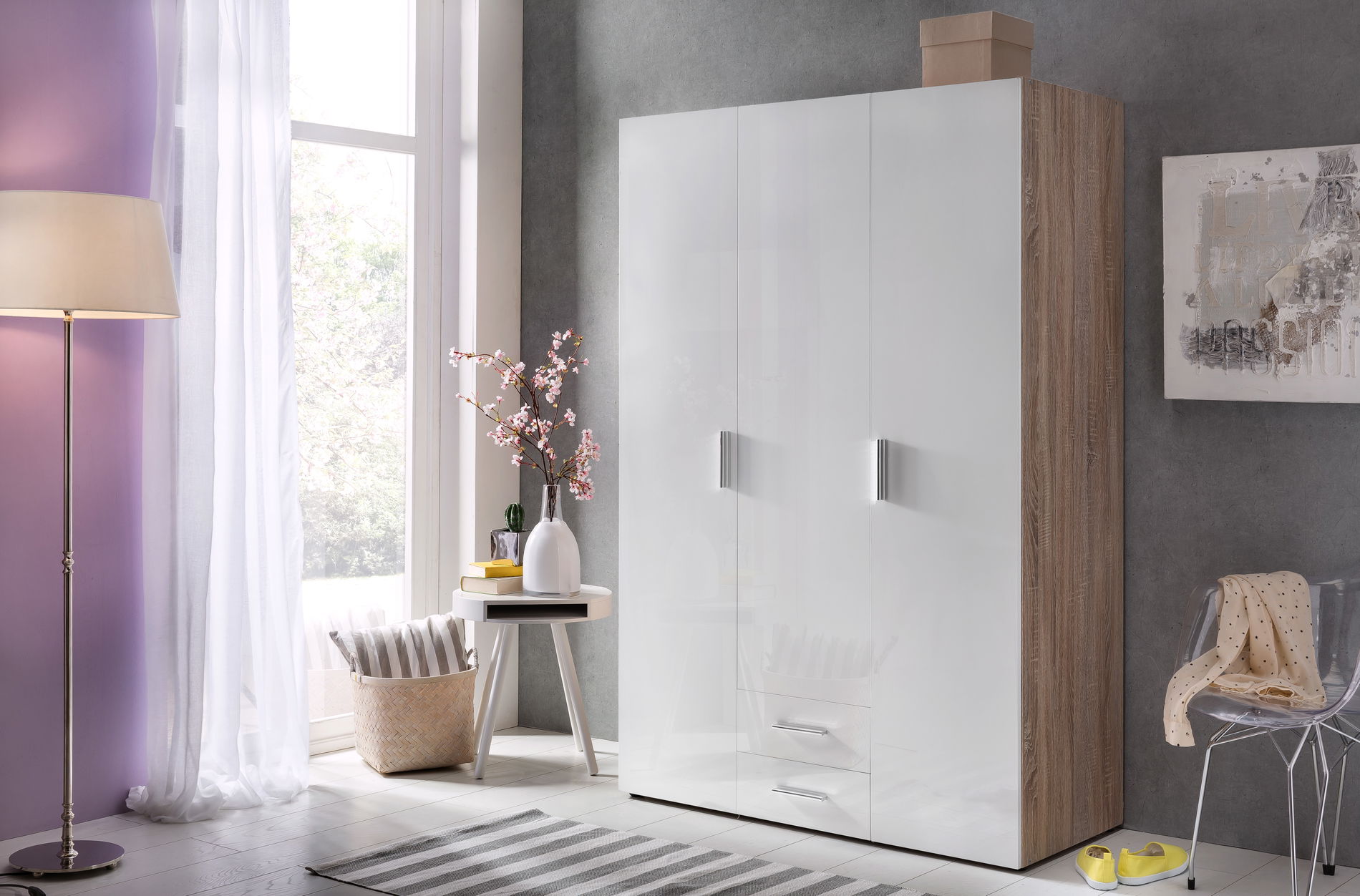 Wimex Malta Schrank 120x54 cm Hochglanz Lack Weiß/Eiche sägerau-Nachbildung