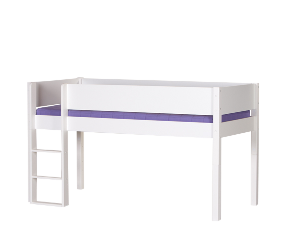 Manis-h Halbhohes Bett FREJ 90x200 cm einfarbig Absturzsicherung & Leiter - 22 Farben wählbar ( Farbe Bett: Snow White / -11, mit Absturzsicherung GITTER 10440-Farbe, Snow White / -11)