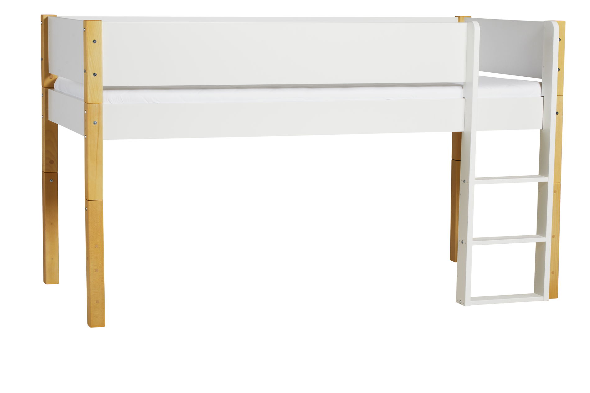 Manis-h Halbhohes Bett FREJ 90x200 Pfosten Buche Absturzsicherung & Leiter - 22 Farben wählbar ( Farbe Bett: Snow White / -11, mit Absturzsicherung GITTER 10440-Farbe, Snow White / -11)